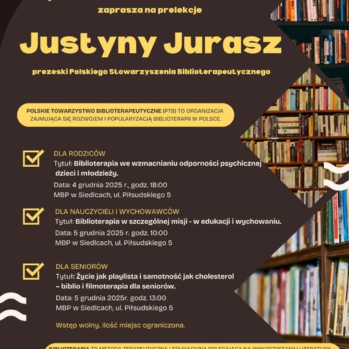 Obraz główny aktualności o tytule Zaproszenie na prelekcje Justyny Jurasz 